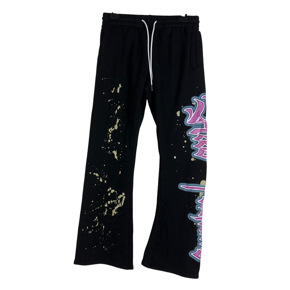 Cold Sympathy Sweatpants Women Medium Black Fleece Paint Splatter Y2K Pants